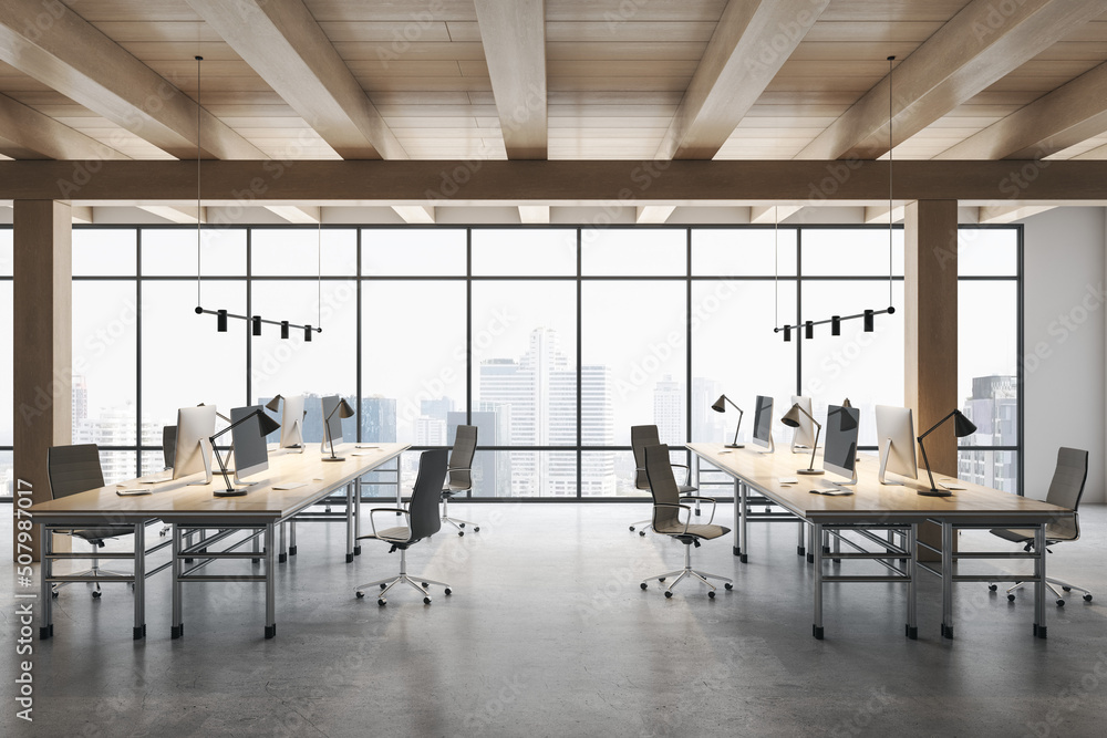 Aufkleber Front view on stylish workspace rows with modern computers on concrete floor in spacious coworking office with wooden ceiling and city view from huge window. 3D rendering