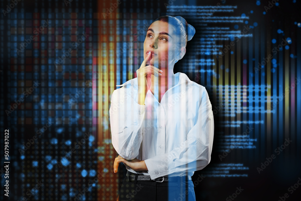 Leinwandbilder Attractive young european businessman standing on abstract glitching background with coding and tech information. Database, html language and science concept. Double exposure.