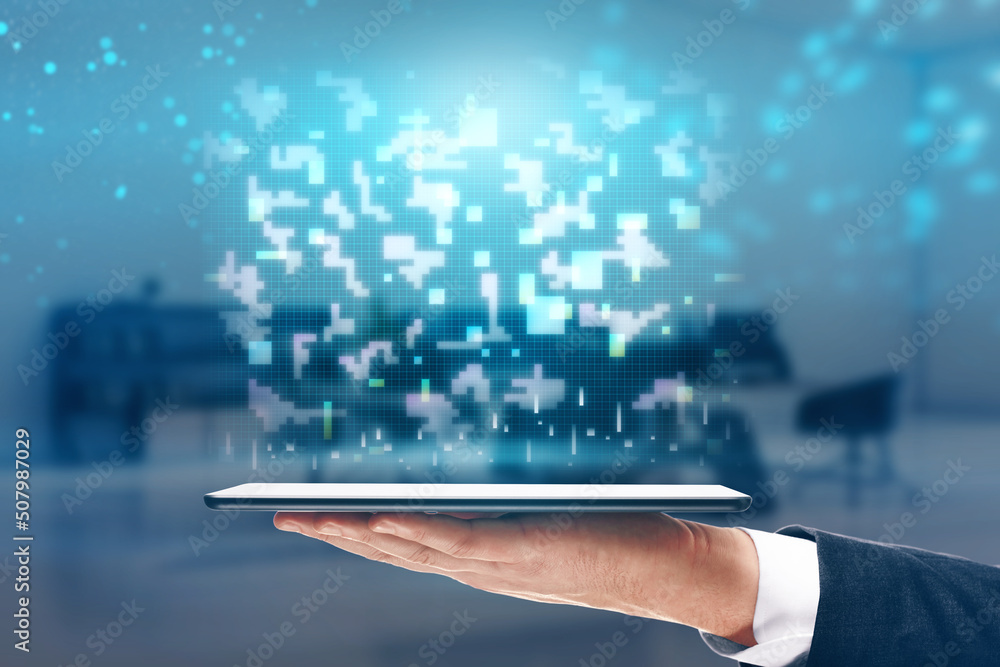 Poster close up of hand using cellular phone with digital metaverse pixel hologram on blurry background. cy