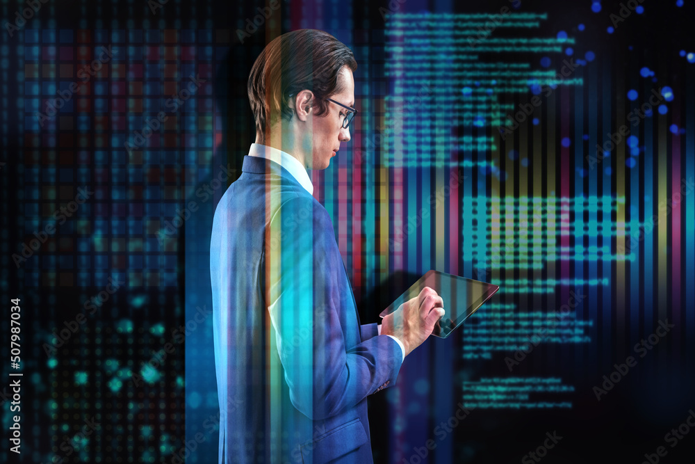 Poster Attractive young european businessman with pad standing on abstract glitching background with coding and tech information. Database, html language and science concept. Double exposure.