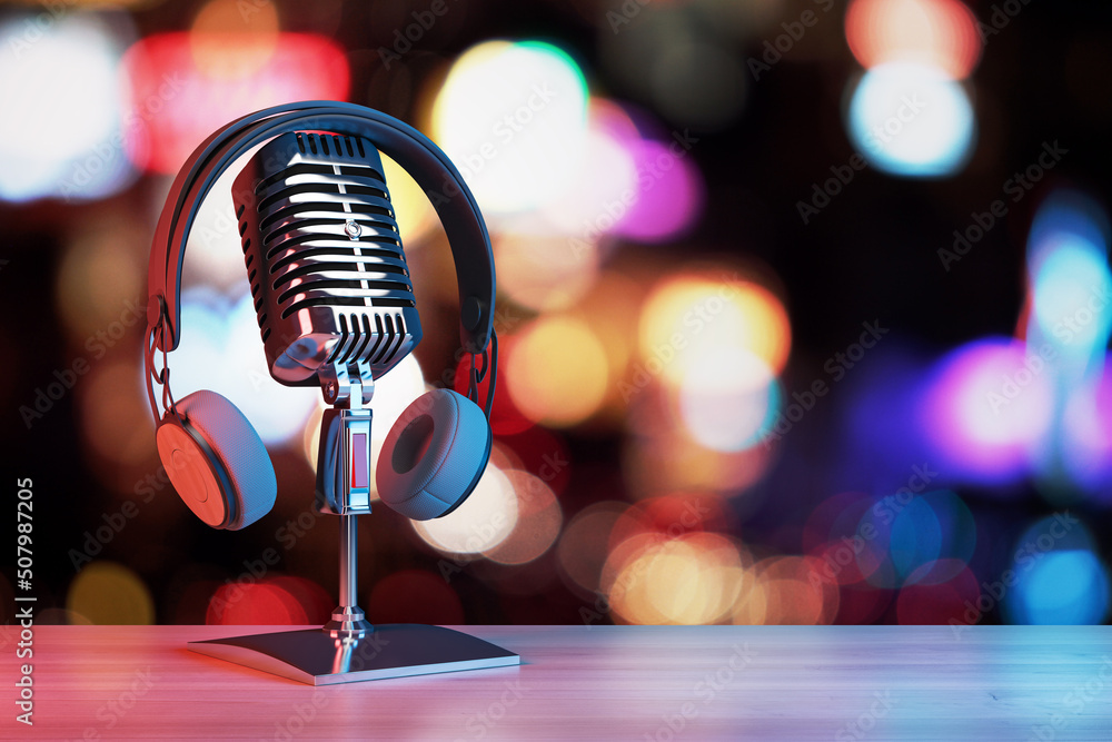 Aufkleber Close up of silver mic and headset on blurry lights bokeh background with mock up place. Podcast and information concept. 3D Rendering.
