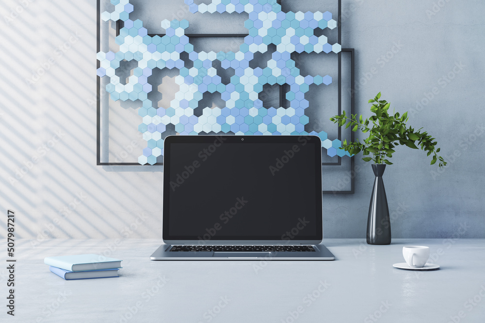 Poster close up of creative designer desktop with empty laptop screen, green plant in vase and decorative m