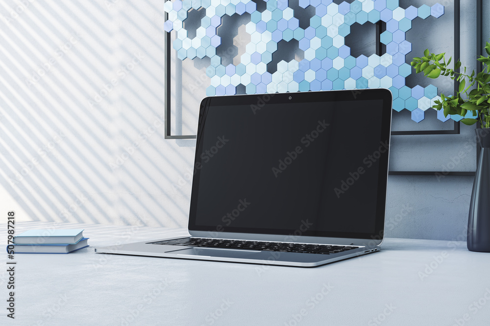 Poster Close up of creative designer desktop with empty laptop screen, green plant in vase and decorative mosaic. Mock up and 3D Rendering concept.
