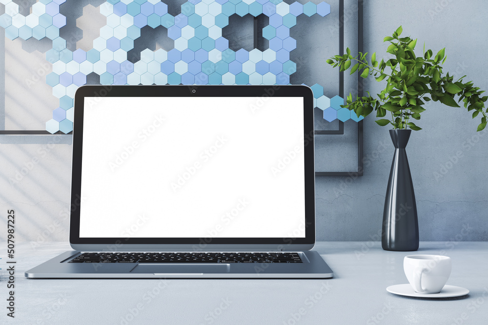 Poster close up of creative designer desktop with empty white laptop computer screen, green plant in vase a