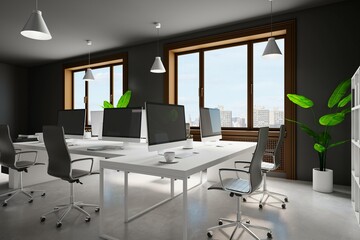 Clean concrete coworking office interior with city view, decorative pot tree, equipment, computer monitors and furniture. 3D Rendering.
