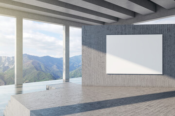 Bright modern concrete terrace or balcony interior with empty white mock up banner, beautiful nature view and bright sky. Architecture and design concept. 3D Rendering.