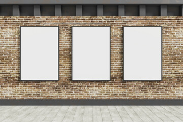 Blank white banners hanging on brick outdoor wall with shadows and sunlight. Billboard, commercial and advertisement concept. 3D Rendering.