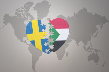 puzzle heart with the national flag of sweden and sudan on a world map background. Concept.