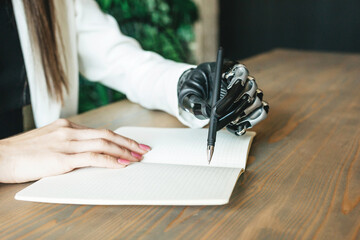 A close-up photo of a young disabled girl with a bionic prosthesis writes in a notebook, sitting at a table. Online work, distance learning. The concept of the future, cyborg