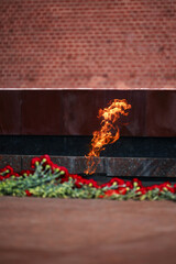 Flowers by the Eternal Flame. Eternal Flame in the Kremlin. Guard of Honor at the tomb of the...
