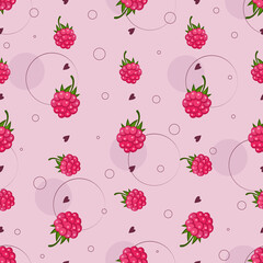 Raspberry. Ripe berry. Fresh, juicy berries on background with circles and hearts. Seamless pattern.