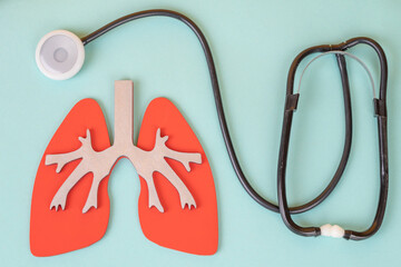 Lungs decorative model with medical stethoscope on light blue background. World tuberculosis TB day, pneumonia, respiratory diseases concept. Top view, flat lay, copy space