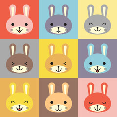 Set of various avatars of bunny facial expressions. Adorable cute baby animal head vector illustration. Simple design of happy smiling animal cartoon face emoticon. Graphics and colorful backgrounds.