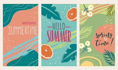 Happy spring and summer stories background set, colorful and vectored. Flat and lined style with nature, geometric and abstract hand drawn elements. Suitable for social media, post cards or ads.