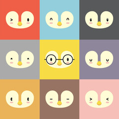 Set of various penguin facial expression avatars. Adorable cute baby animal head vector illustration. Simple flat design of happy smiling animal cartoon face emoticon. Colorful square background.