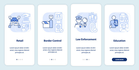 Biometrics integration light blue onboarding mobile app screen. Walkthrough 4 steps editable graphic instructions with linear concepts. UI, UX, GUI template. Myriad Pro-Bold, Regular fonts used