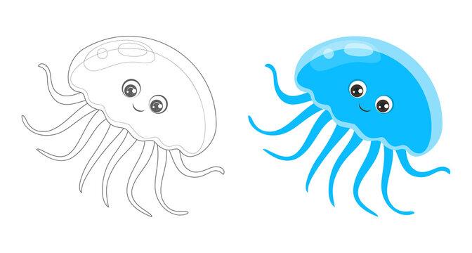 Coloring page outline of cartoon jellyfish. Coloring book for children. Funny vector ocean animals, fish. Simple flat  illustration. 