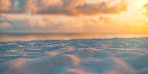 Closeup sea sand beach. Panoramic beach landscape. Blurred tropical beach seascape horizon. Orange...