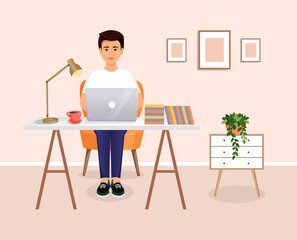 Man sits at a table, works at a computer at home. Remote work, freelance, home office, programming, training. Vector illustration.