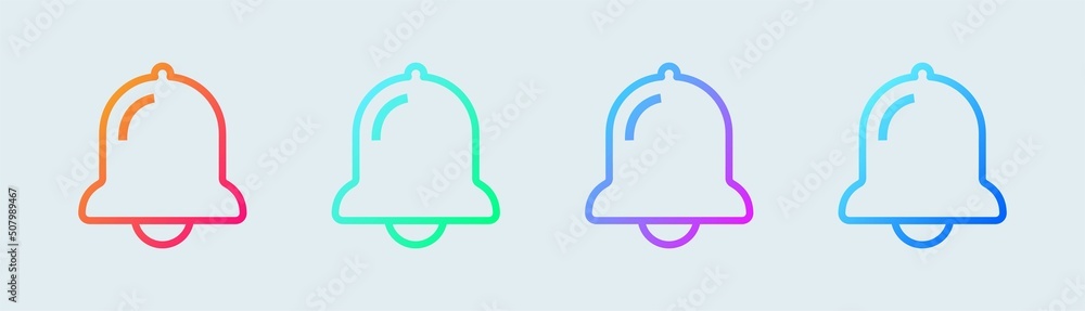 Poster notification or bell icon set in line gradient colors. alarm clock and smartphone application alert.