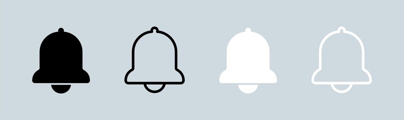 Fototapeta premium Notification or bell icon set in black and white colors. Alarm clock and smartphone application alert.