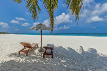 Tropical beach nature as summer landscape with lounge chairs and palm trees and calm sea for beach banner. Luxury travel landscape, beautiful destination for vacation or holiday. Couple beach scenic