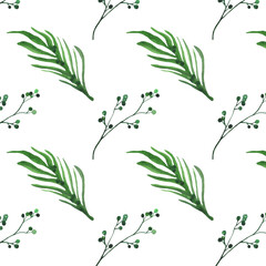 Leaves of tropical plants. hand painted seamless pattern. digital drawing and watercolor texture. background for textile decor and design. botanical papers. boho chic, mixed media. floral frames