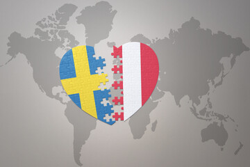 puzzle heart with the national flag of sweden and peru on a world map background. Concept.