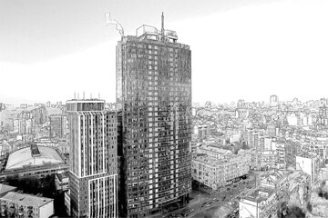Fototapeta na wymiar The architecture of the city of Kyiv is made with a pencil drawing. Business center, building. Ukraine, business concept.