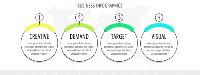 Business vector infographics with four circles. Hand drawn timeline visualization with 4 steps for diagram, flowchart, banner, presentations, web, content, levels, chart, graphic