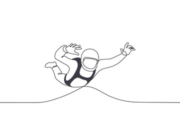 man in helmet flies with parachute not opened yet - one line drawing vector. concept solo parachute jump, soldier, paratrooper, scout, military - obrazy, fototapety, plakaty