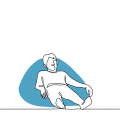 man stretched out in a sack chair - one line drawing vector. the concept of mental or physical fatigue, resting in a soft chair