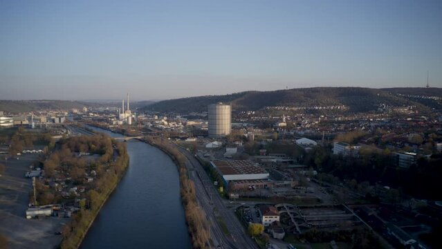 Time lapse drone POV The Neckar River and sunny city, Stuttgart, Germany
