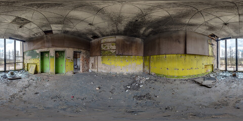 full hdri 360 panorama in abandoned empty concrete room or building aftermath of bombing and...