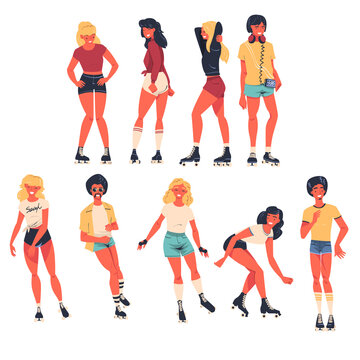 Retro Dressed People Roller Skater Roller Skating and Smiling Vector Set