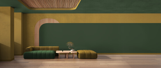 Panoramic view of elegant living room in green tones, sofa and pouf, wooden table with bonsai, concrete walls. Parquet and cane ceiling. Copy space. Contemporary interior design idea
