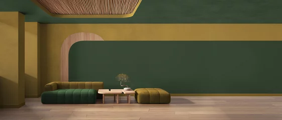 Gardinen Panoramic view of elegant living room in green tones, sofa and pouf, wooden table with bonsai, concrete walls. Parquet and cane ceiling. Copy space. Contemporary interior design idea © ArchiVIZ