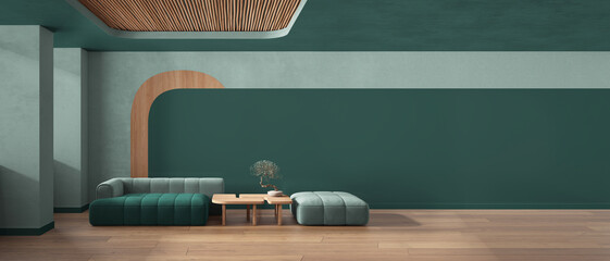 Panoramic view of elegant living room in turquoise tones, sofa and pouf, wooden table with bonsai, concrete walls. Parquet and cane ceiling. Copy space. Contemporary interior design