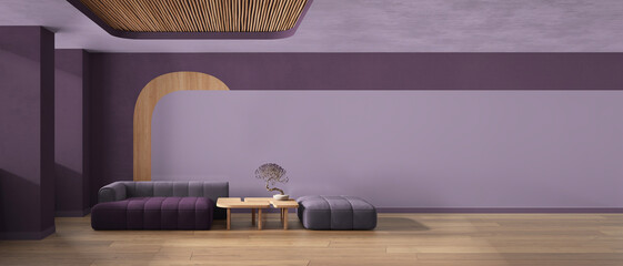 Panoramic view of elegant living room in purple tones, sofa and pouf, wooden table with bonsai, concrete walls. Parquet and cane ceiling. Copy space. Contemporary interior design idea