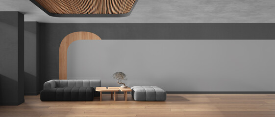 Panoramic view of elegant living room in gray tones, sofa and pouf, wooden table with bonsai, concrete walls. Parquet and cane ceiling. Copy space. Contemporary interior design idea