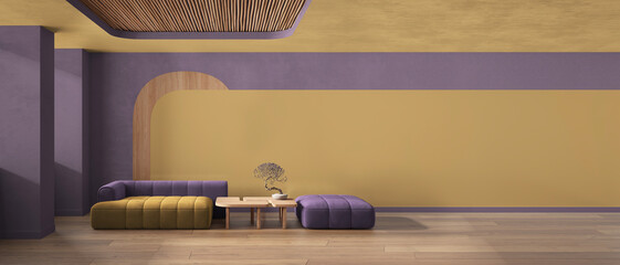 Panoramic view of elegant living room in purple and yellow tones, sofa and pouf, table, bonsai, concrete walls. Parquet and cane ceiling. Copy space. Contemporary interior design idea