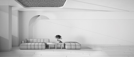 Unfinished project draft, panoramic view of elegant living room, sofa and pouf, table, bonsai, concrete walls. Parquet and cane ceiling. Copy space. Contemporary interior design idea