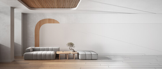 Architect interior designer concept: hand-drawn draft unfinished project that becomes real, panoramic view of living room, sofa, concrete walls. Parquet and cane ceiling. Copy space