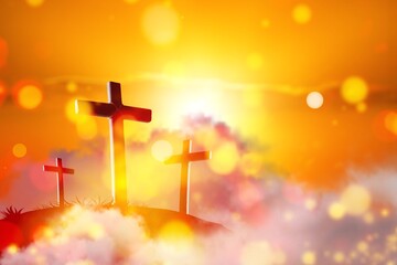 Christian Crosses on mount At Sunset With Abstract Bokeh Lights. Easter concept.
