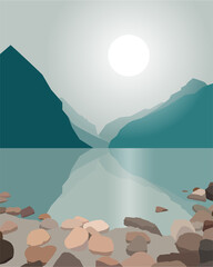 Minimalistic flat landscape with lake and mountains