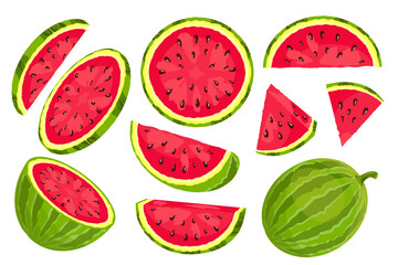 A set of ripe watermelons. A whole watermelon, slices. Fresh watermelon for summer design.