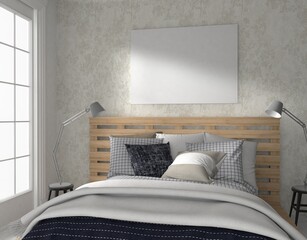 mock up poster in classic style interior of modern bedroom, with blank white walls and blue bed with window, 3d illustration, 3d rendering