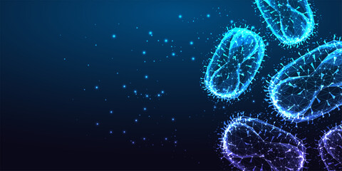 Futuristic monkey pox virus concept banner with glowing low polygonal virus cell and place for text  © Inna