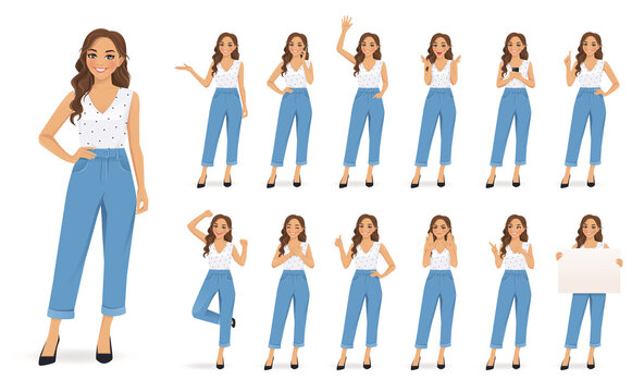 Young woman with curly hairstyle in casual style clothes set different gestures isolated vector illustration