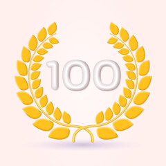 100 years anniversary laurel wreath 3d logo or icon. Jubilee, birthday badge, label design. 100th celebrating emblem. Vector illustration.